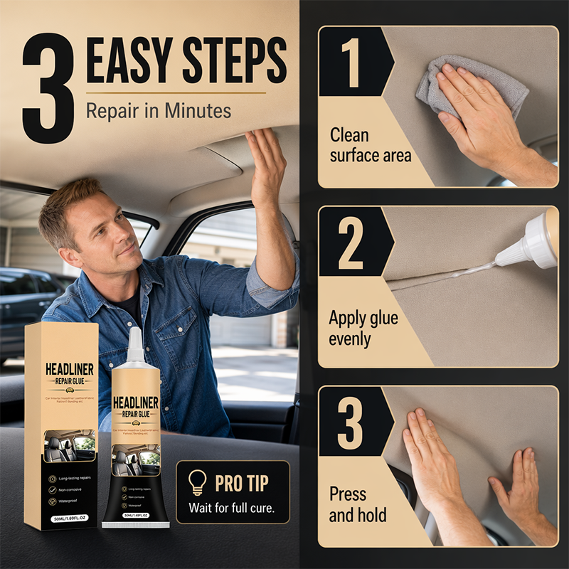 🎉49K+ Sold 🚗 Waterproof Car Headliner Repair Glue, High Strength Adhesive for Sagging Car Ceiling & Interior